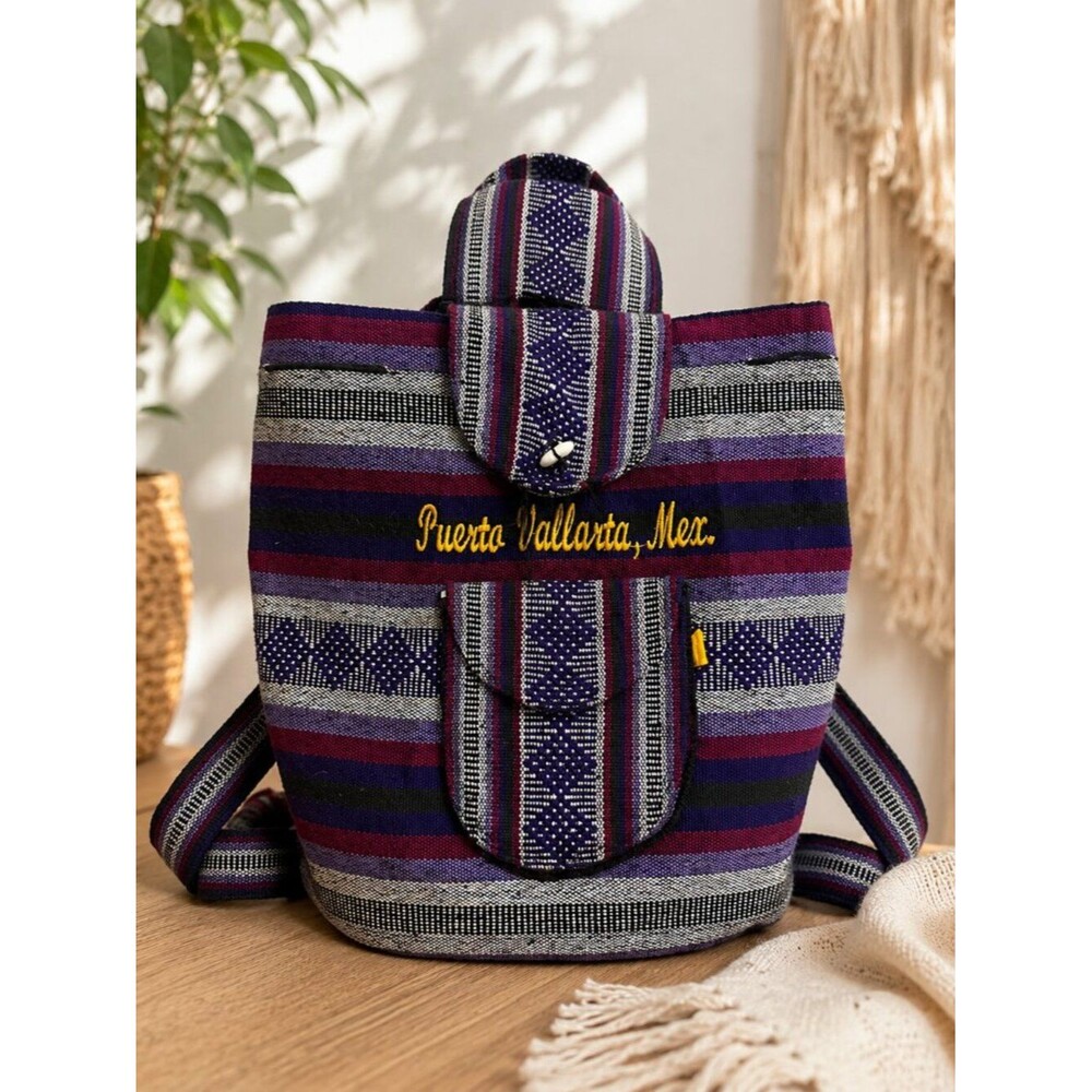 VTG Puerto Vallarta Mexico Cotton Backpack Handmade Woven Boho Hippie Festival